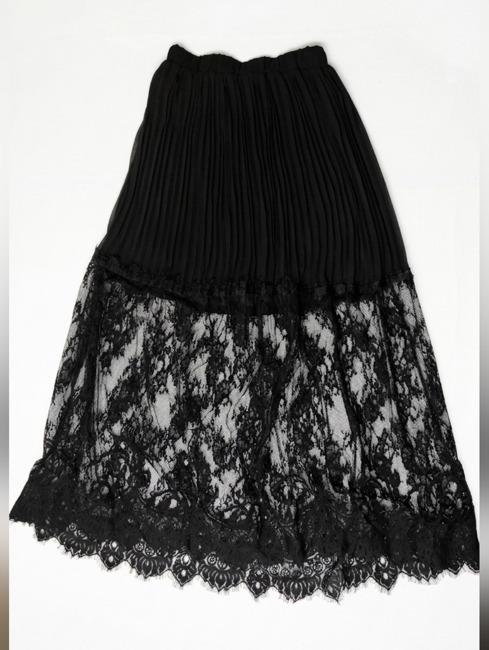 Whimsigoth Black Lace Accordion Pleated Midi Skirt Goth Witchy Grunge Flowy S